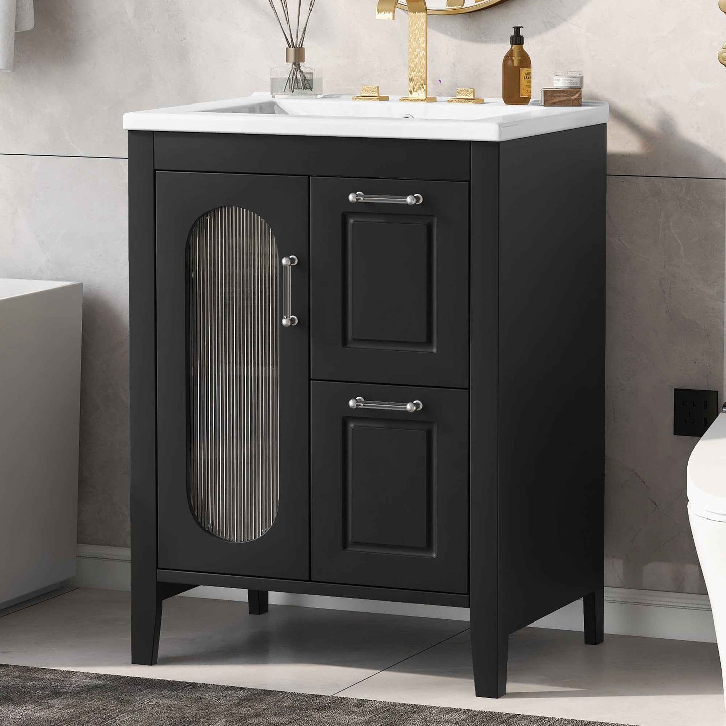 Solid Wood Bathroom Vanity with Ceramic Sink – 24 Inch Black Vanity Cabinet