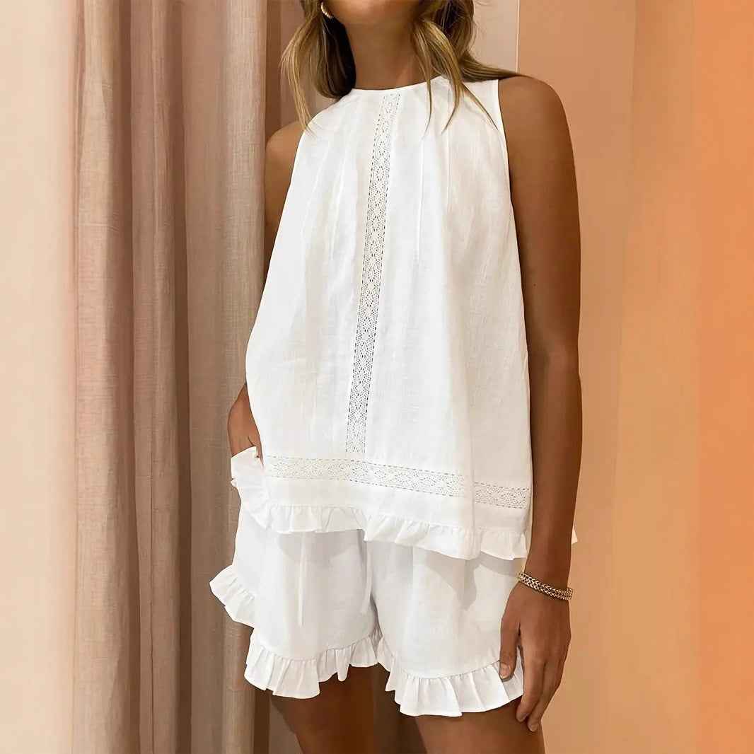 Women’s Elegant Lace Sleeveless Top & Wide-Leg Pants Set – Chic White Two-Piece Commuter Outfit (Deliver to United States Only)