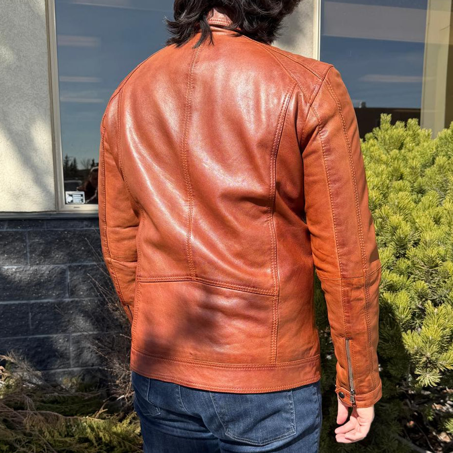 BOL Men’s Zip Pocket Leather Jacket. Sheep Leather Jacket with Fold-Down Collar