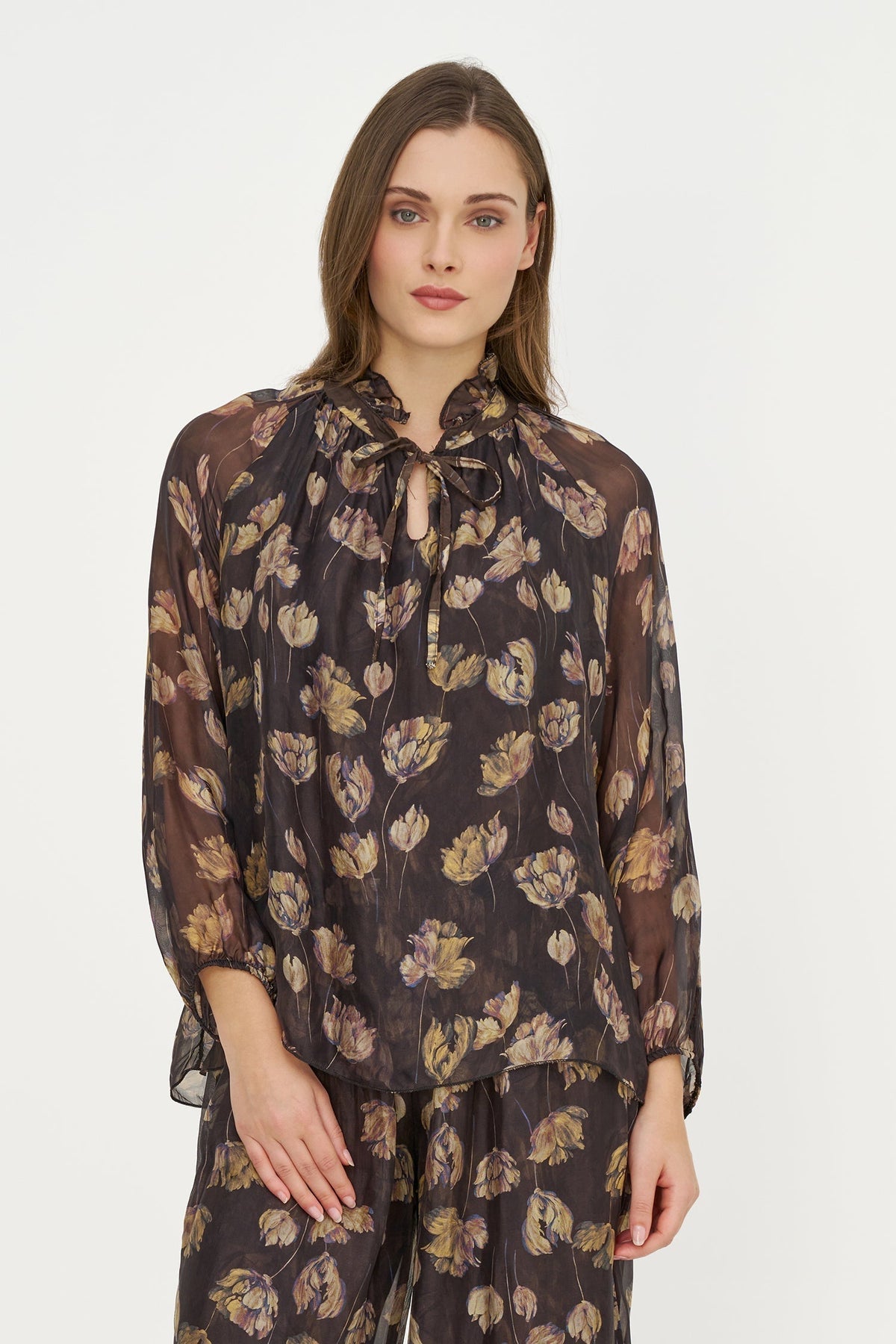 Women's Printed Tie V-Neck Tunic, Ruffled Stand Collar & Long Sleeves