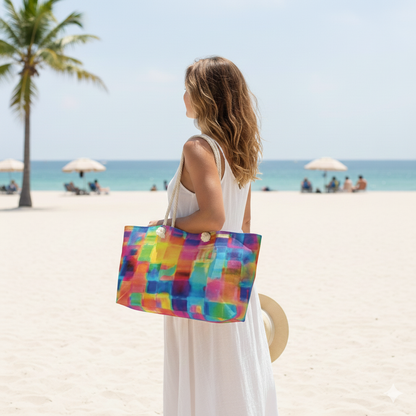 Colorful Abstract Watercolor Squares Weekender Bag | Bright Travel Tote | Large Tote Bag - AURABAGS SHOP