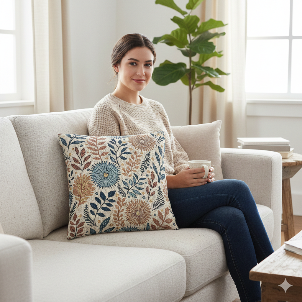 Boho Floral Woven Pillow | Textured Daisy Leaves Decorative Throw Pillow - AURABAGS SHOP