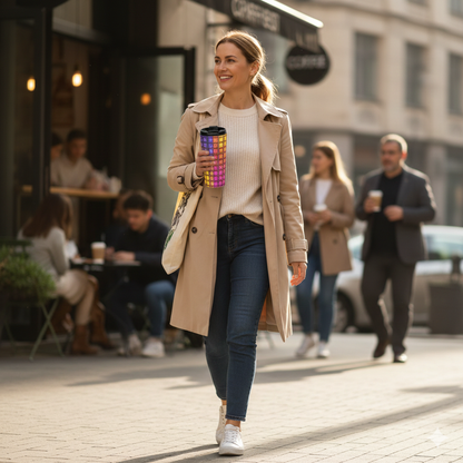 Colorburst Geometric Stainless Steel Travel Mug — Insulated Rainbow Pattern - AURABAGS SHOP