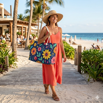 Florale Weekender-Tasche — Lebendige marineblaue Blumentasche für Reisen