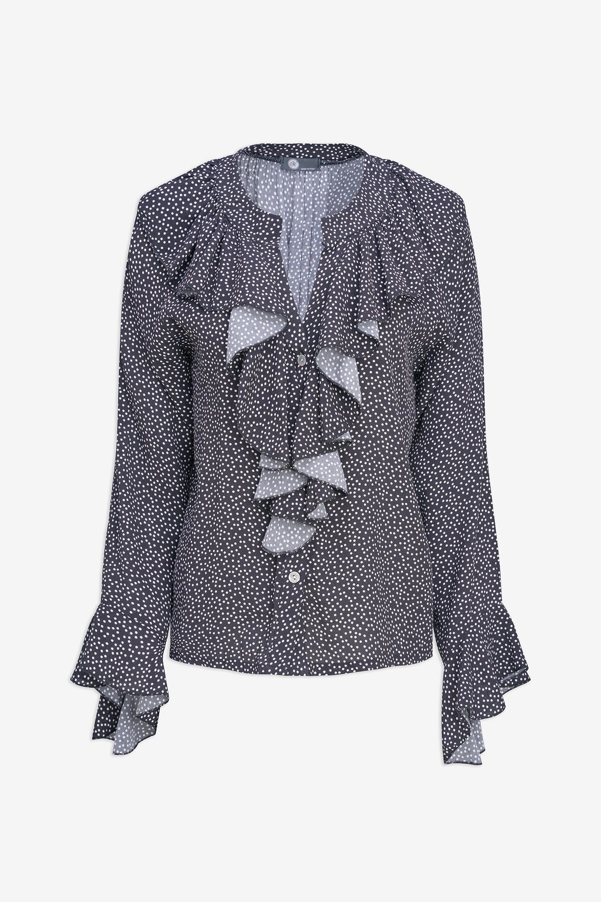 Women's Printed Button-Down Shirt with Ruffled Front, Collar & Cuffs