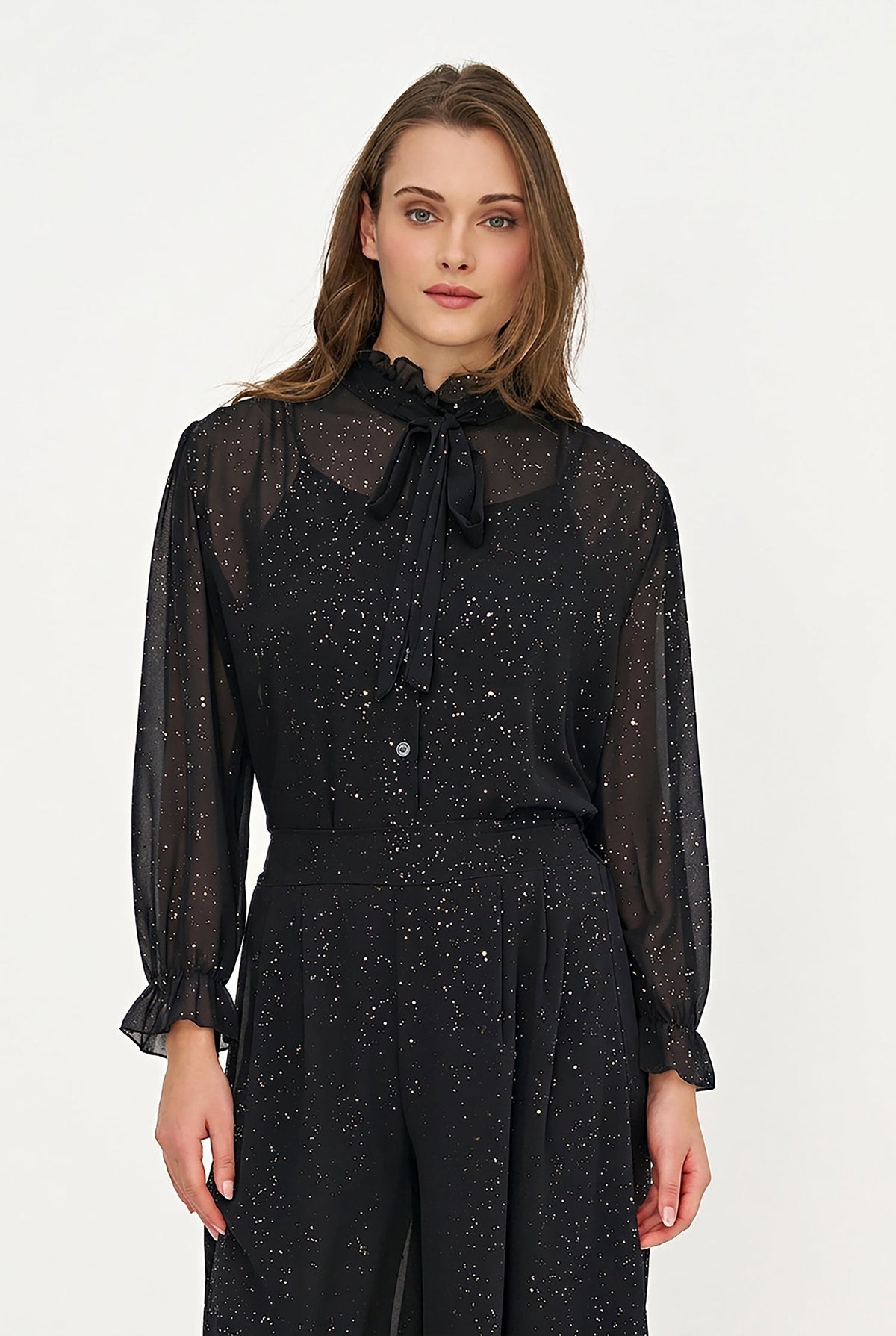 Women's Foil-Print Button-Down Shirt, Tie-Bow Collar & Removable Cami
