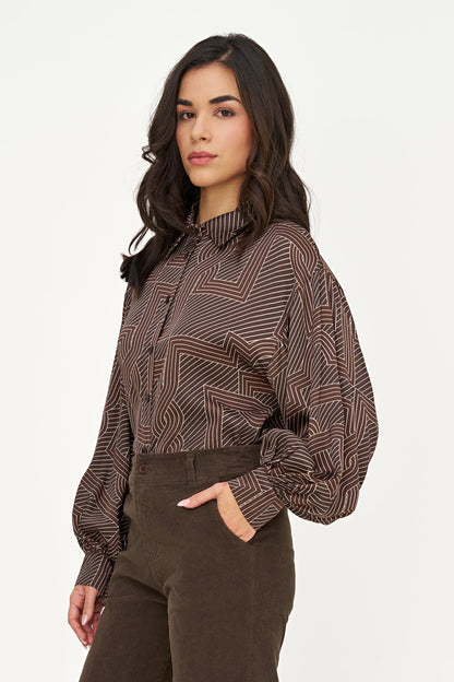 Women's Printed Button-Down Shirt with Long Sleeves Puffed at Cuffs