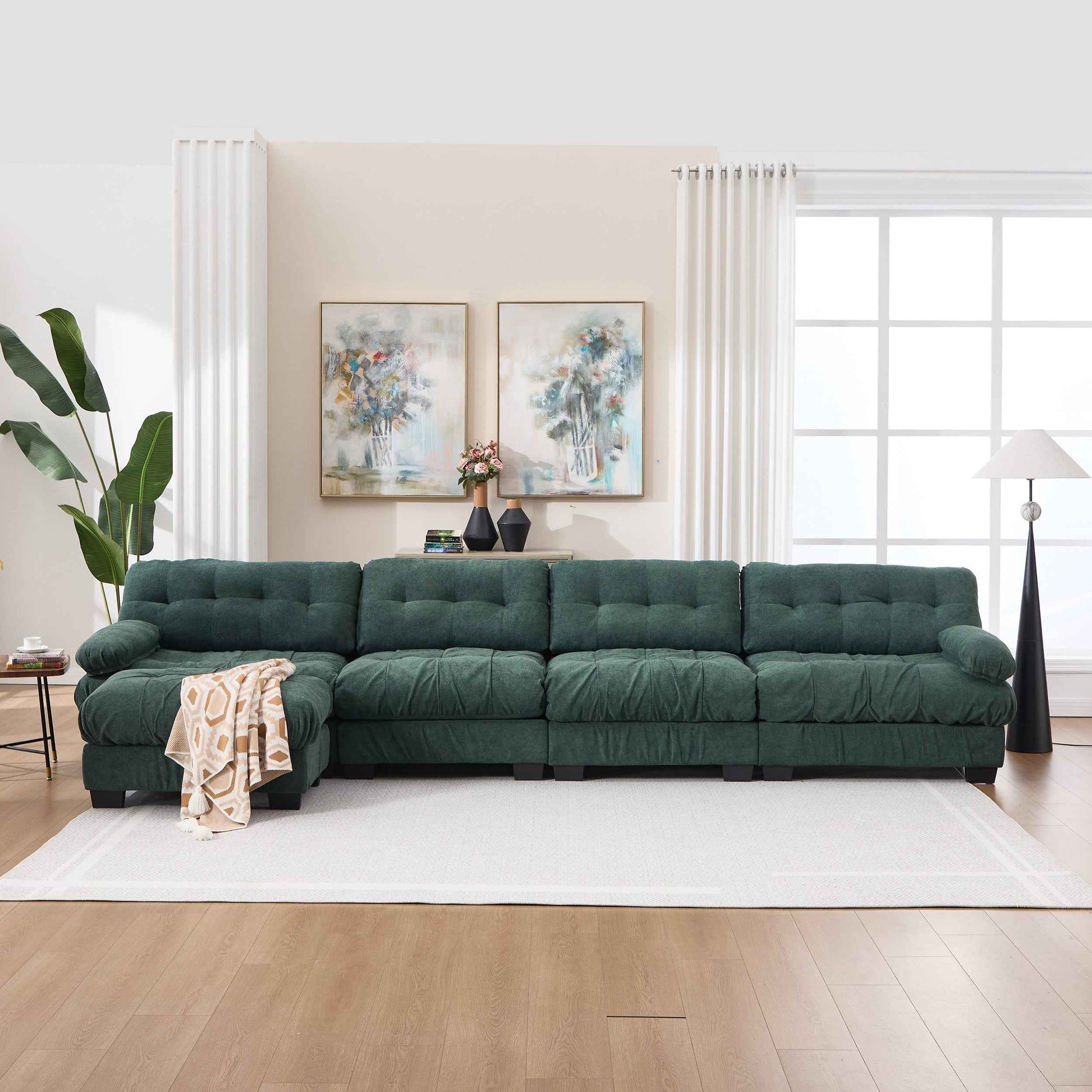 Green Modular Cloud Sectional Sofa – L-Shaped 5-Seat Deep Seat Flannelette Couch with Pillows