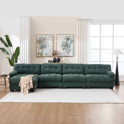 Green Modular Cloud Sectional Sofa – L-Shaped 5-Seat Deep Seat Flannelette Couch with Pillows