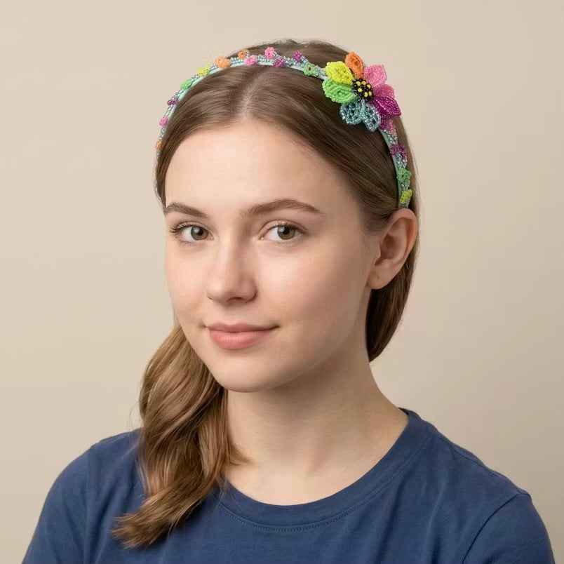 Beaded Headband with Flower Multicolour