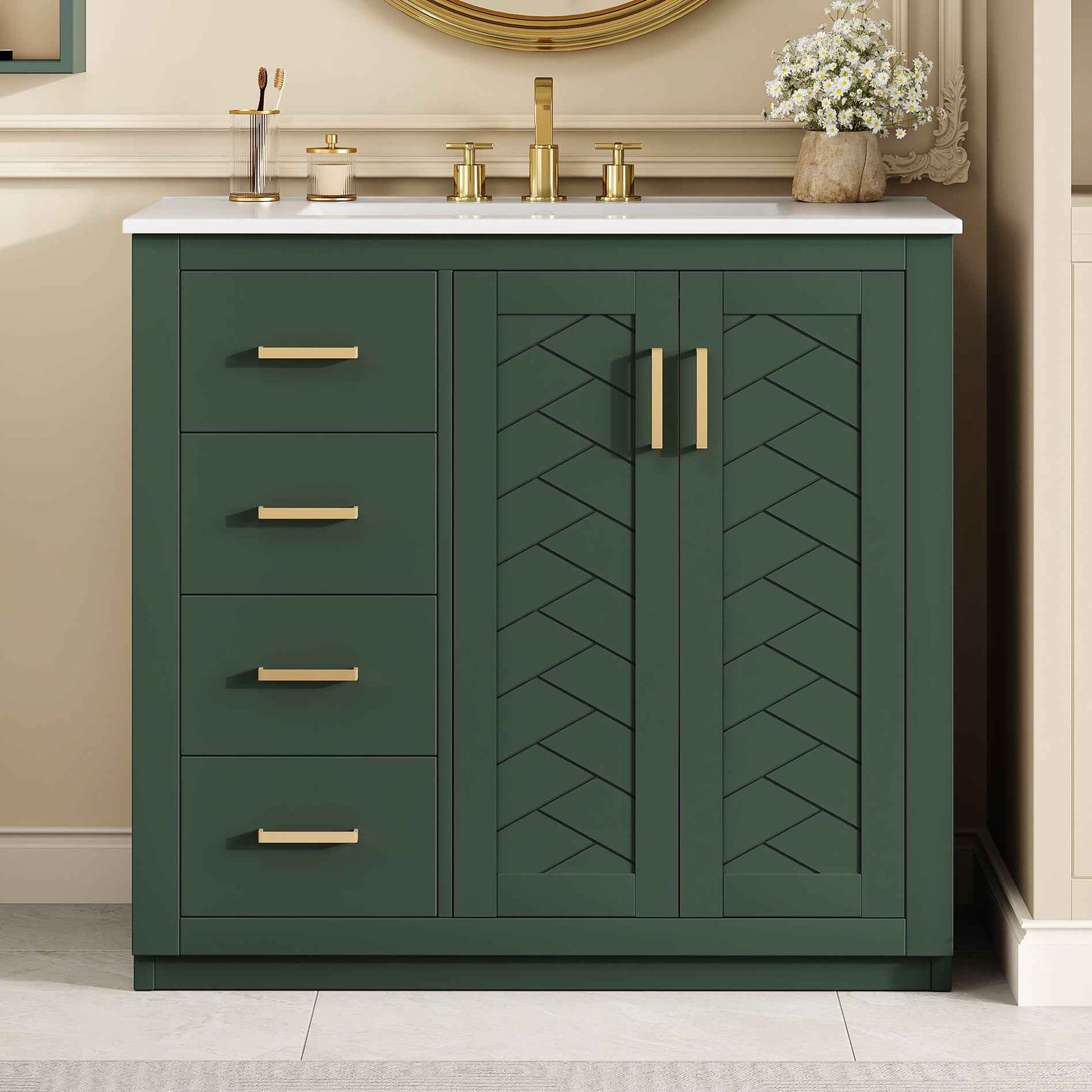 36" Green Bathroom Vanity with Ceramic Sink – Freestanding Cabinet with 3 Drawers