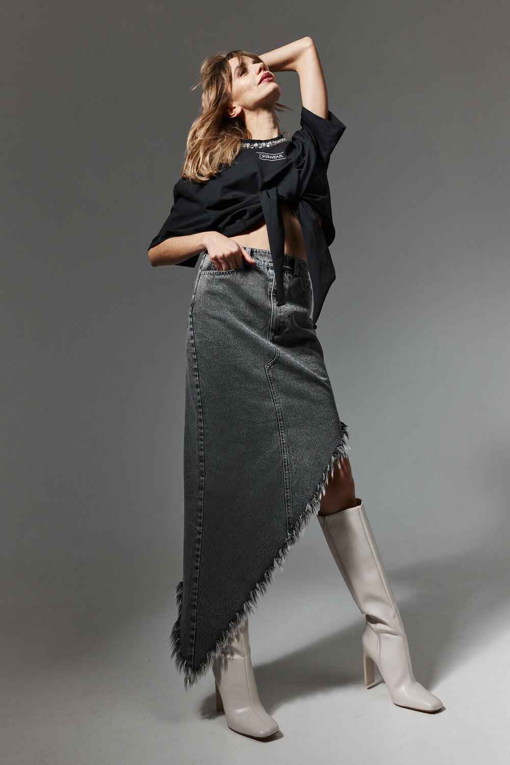 Asymmetric Frayed Denim Skirt