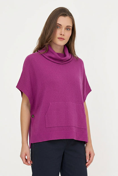 Women's Cowl Turtleneck Poncho with Side Buttons & Kangaroo Pocket