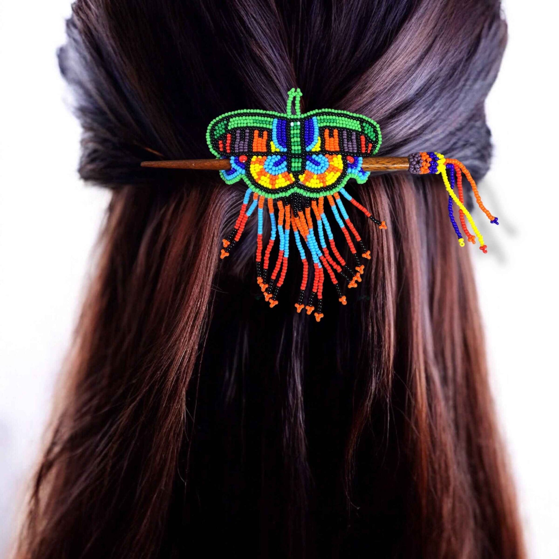 Red and Green Wooden Stick Butterfly Beaded Barrette with Fringes