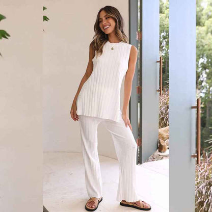 Women’s Ice Silk Knitted Sweater & Wide-Leg Pants Two-Piece Set – Casual Lounge Outfit