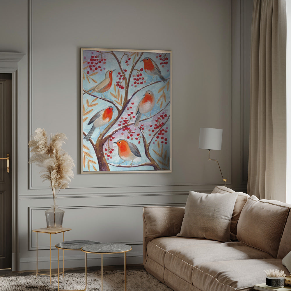 ウォールアート 冬の鳥 コマドリ クリスマス 雪 キャンバスプリント