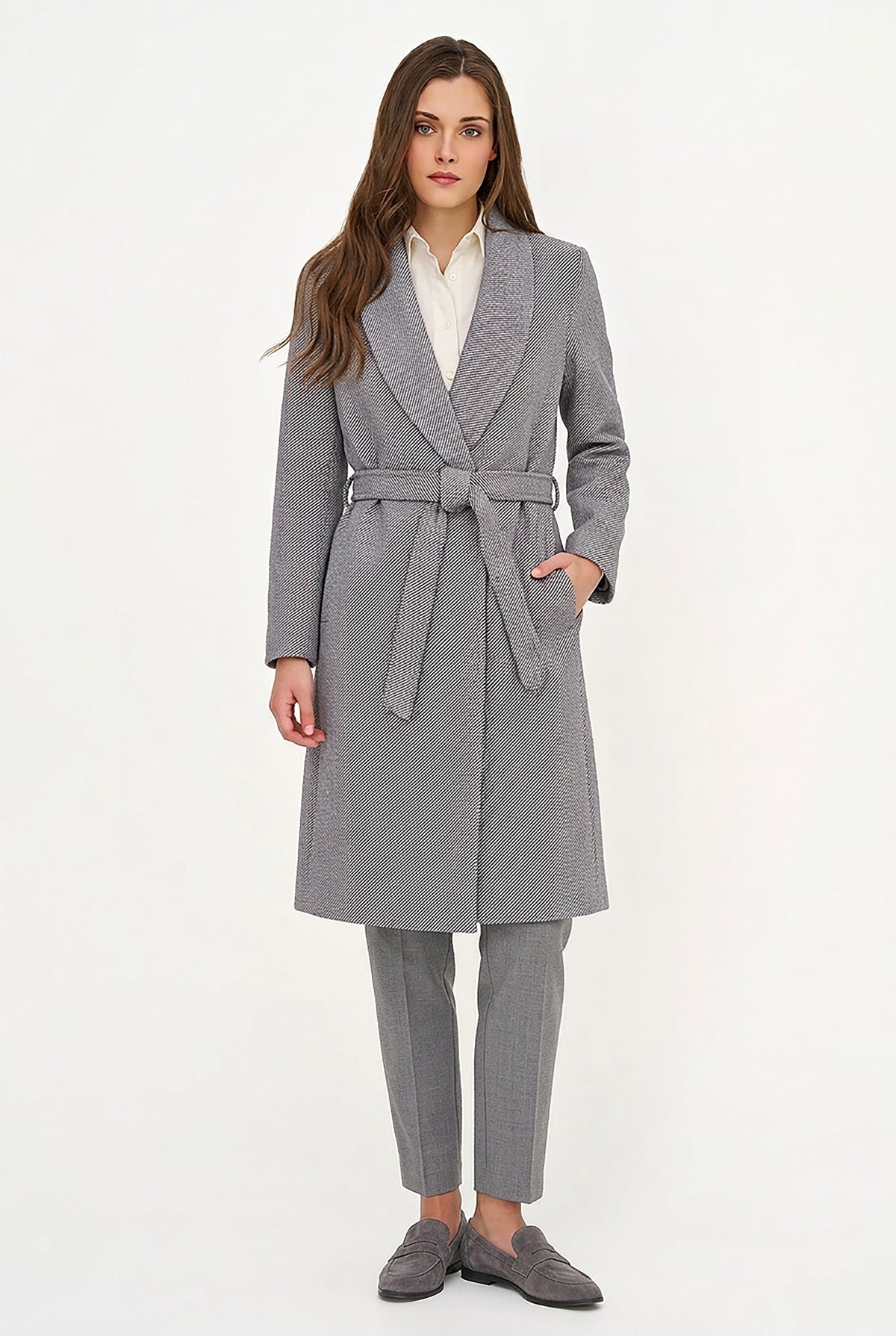 Women's Shawl-Collar Coat, Long Sleeves, Hidden Snaps & Removable Belt
