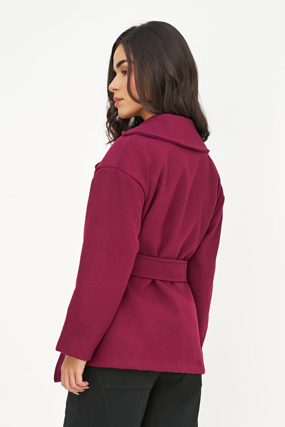 Women's Double-Breasted Coat, Lapel Collar, Flaps & Removable Belt
