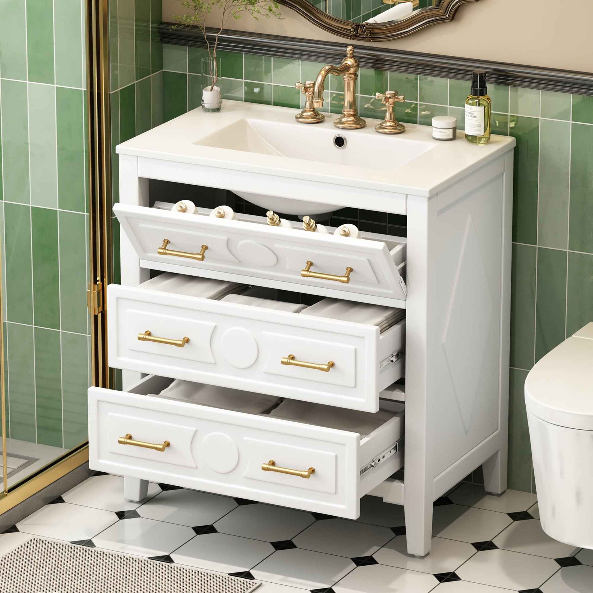30 Inch Bathroom Vanity with Ceramic Sink – Retro White Freestanding Cabinet with 3 Drawers
