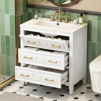 30 Inch Bathroom Vanity with Ceramic Sink – Retro White Freestanding Cabinet with 3 Drawers