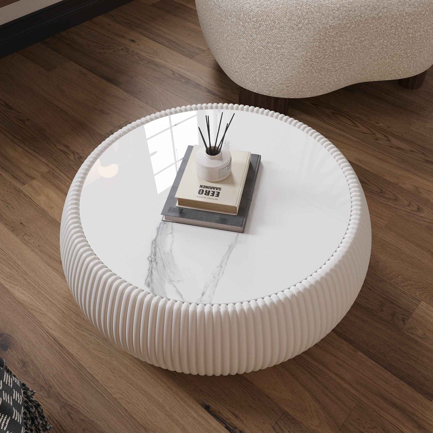Cream White Drum Coffee Table with Sintered Stone Top & PU Leather Base – Modern Living Room Table