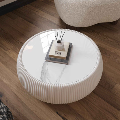 Cream White Drum Coffee Table with Sintered Stone Top & PU Leather Base – Modern Living Room Table