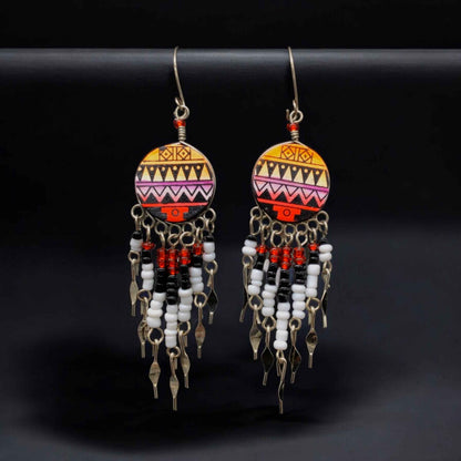 Orange and Red Southwestern Round Shaped Dangle Earrings