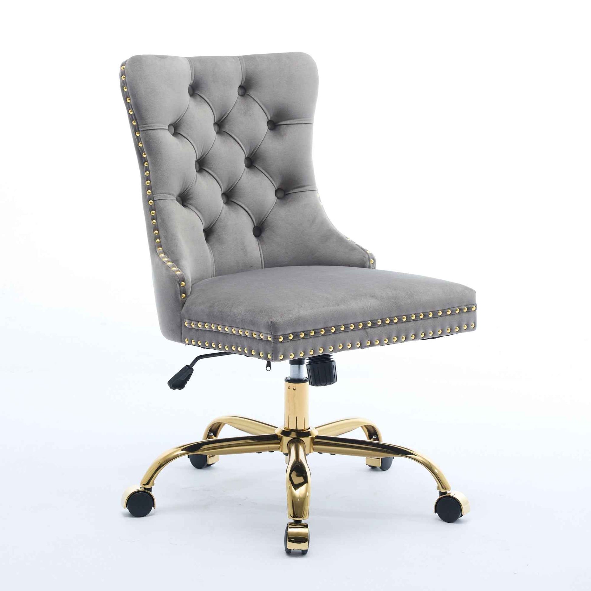 Gray Velvet Tufted Office Chair – Modern Upholstered Swivel Desk Chair with Gold Metal Base (Deliver to United States Only)
