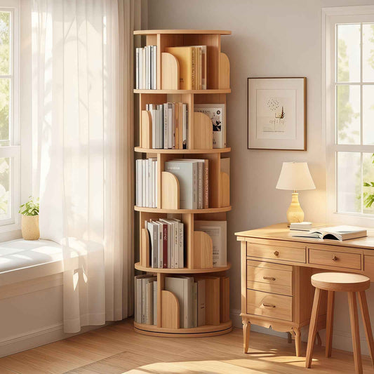 Natural Wood 5 Tier Rotating Bookshelf Tower with 360 Degree Round Display (United States Delivery Only)