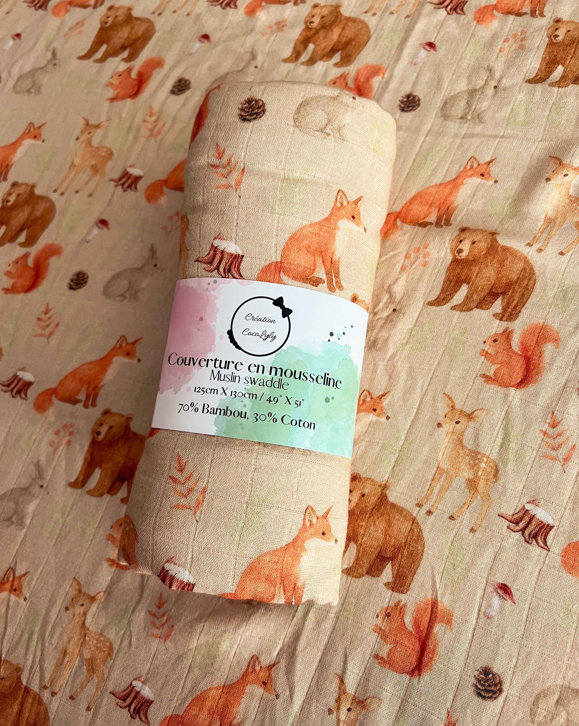 🦊Grande mousseline de bambou les copains des bois