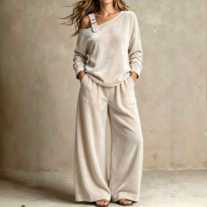 Women’s Velvet Two-Piece Set – Elegant Off-Shoulder Long-Sleeve Top & Full-Length Pants