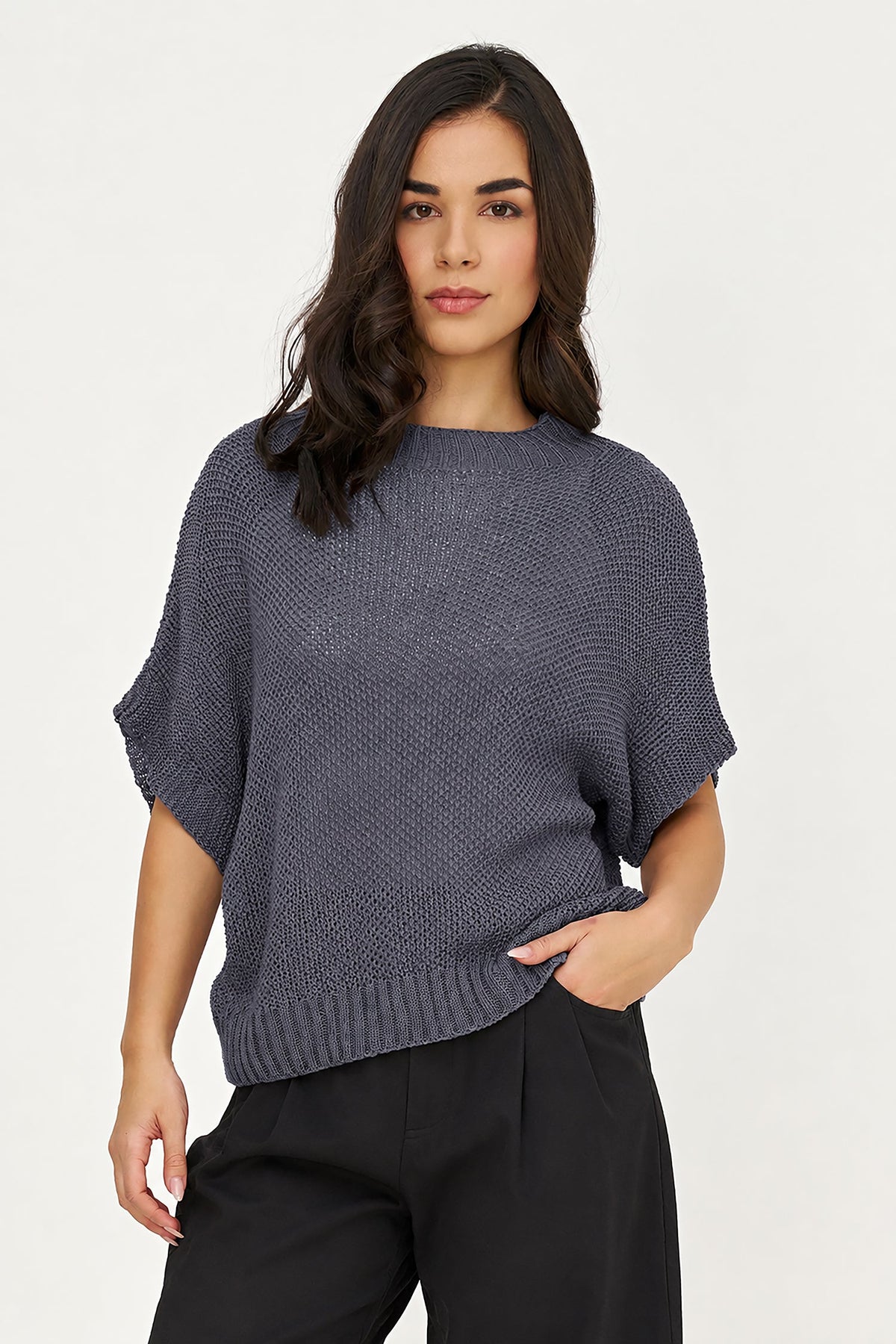 Women's Knit Boat-Neck Sweater with Short Sleeves