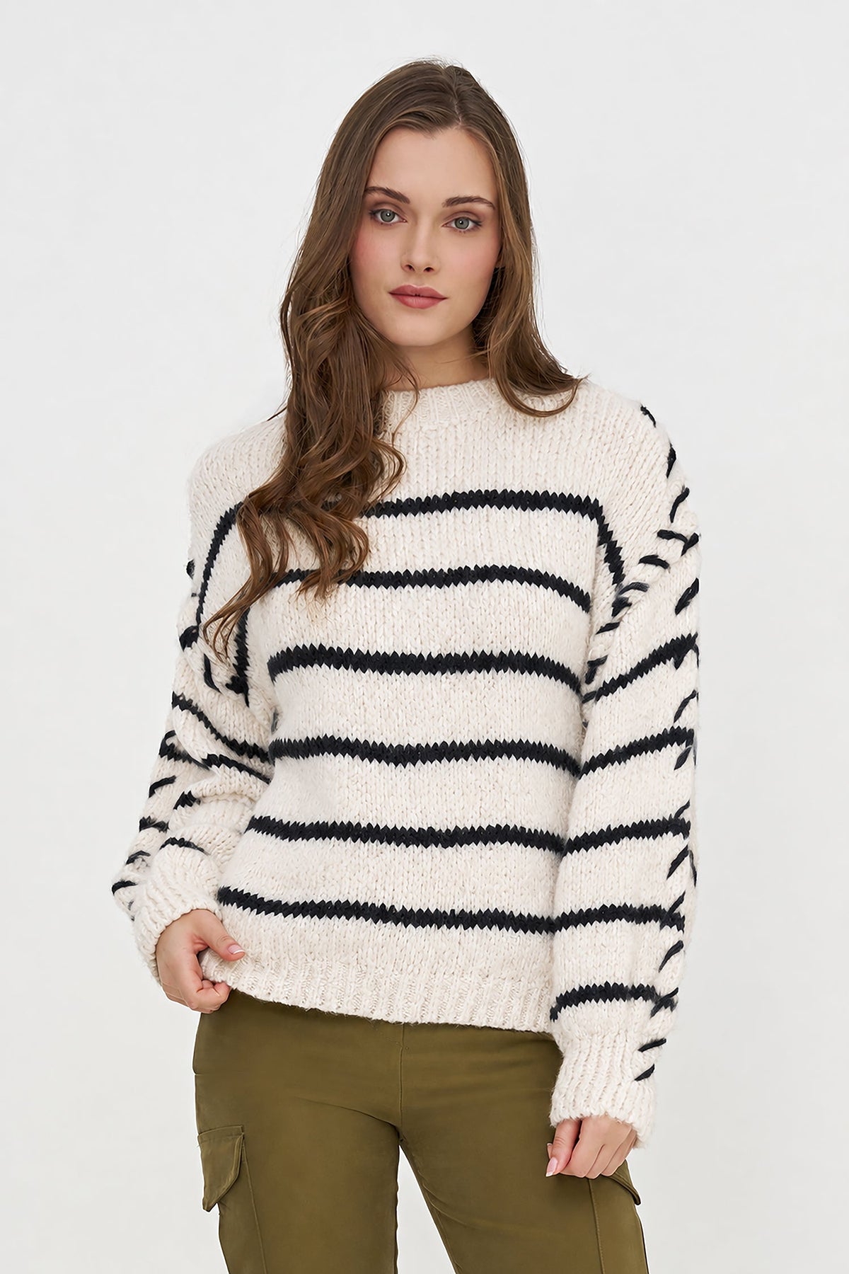 Women's Knit Crew-Neck Sweater, Long Sleeves & Color-Block Stripes