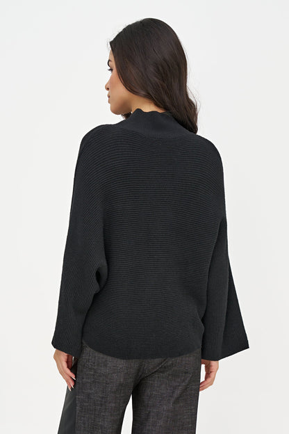 Women's Oversized Rib-Knit Mock-Neck Sweater with Scooped Hem