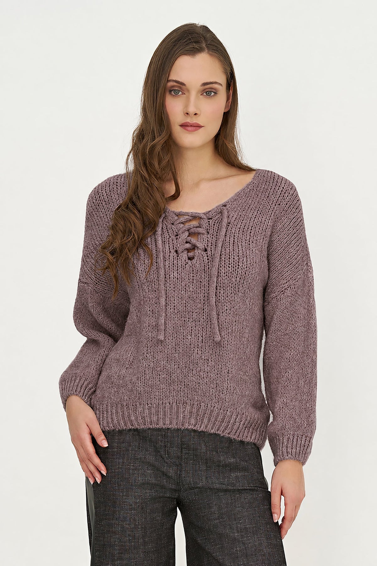 Women's Knit V-Neck Sweater, Long Sleeves & Cord Tie at Collar