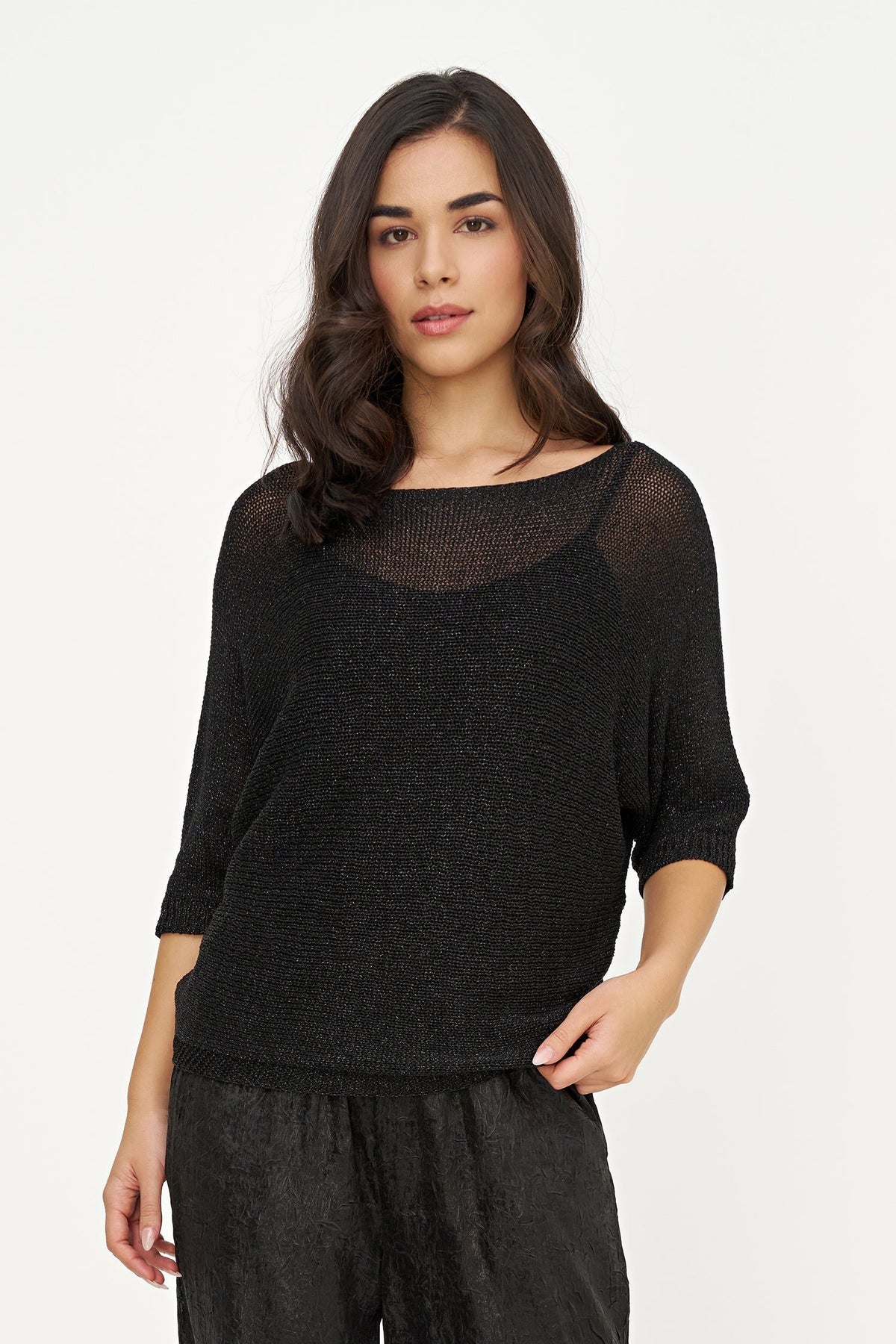 Women's Lurex Knit Boat-Neck Sweater, 3/4 Sleeves & Satin Back Bow