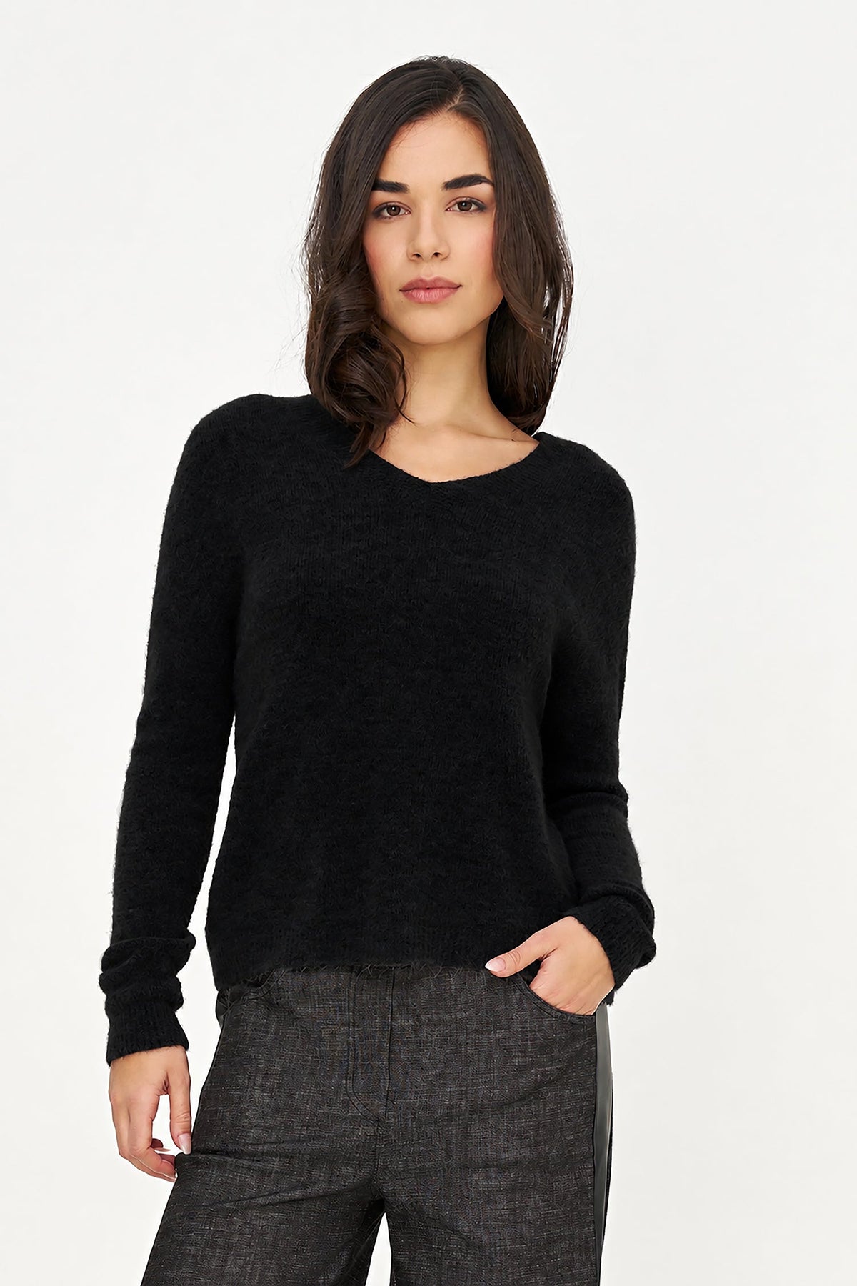 Women's Soft Brushed-Knit V-Neck Sweater with Long Sleeves