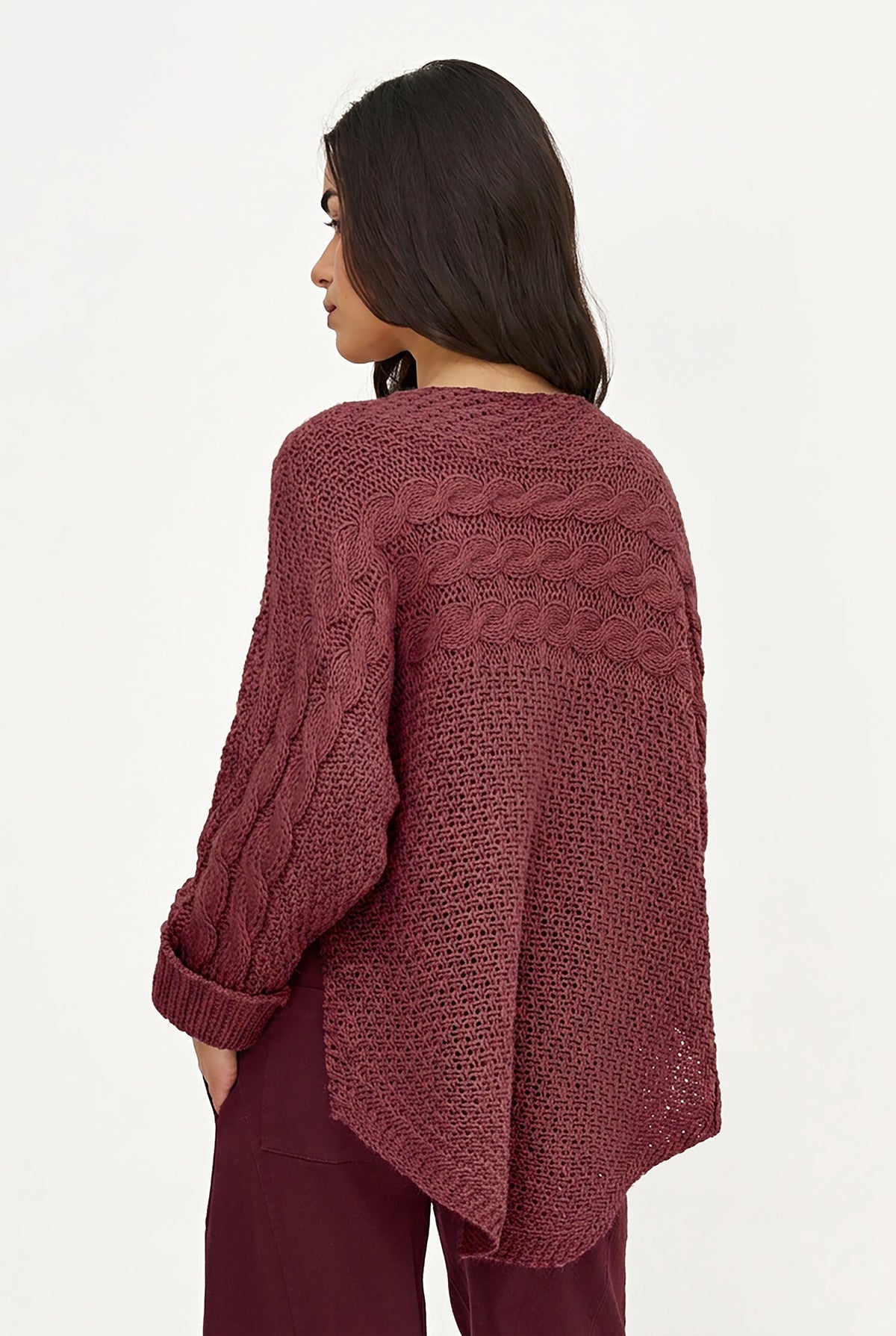 Women's Cable-Knit Scoop-Neck Sweater, Cuffed Sleeves & High-Low Hem
