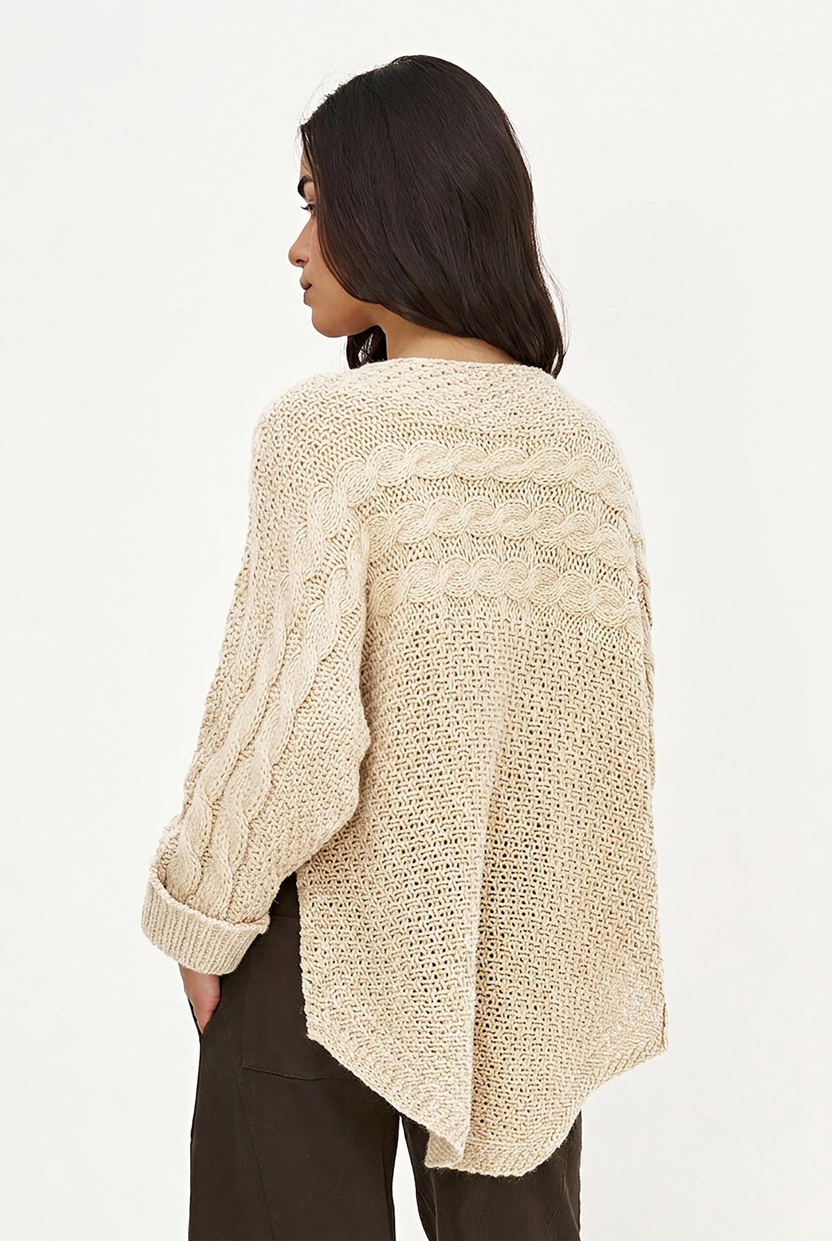 Women's Cable-Knit Scoop-Neck Sweater, Cuffed Sleeves & High-Low Hem