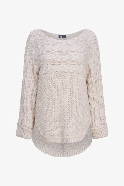 Women's Cable-Knit Scoop-Neck Sweater, Cuffed Sleeves & High-Low Hem