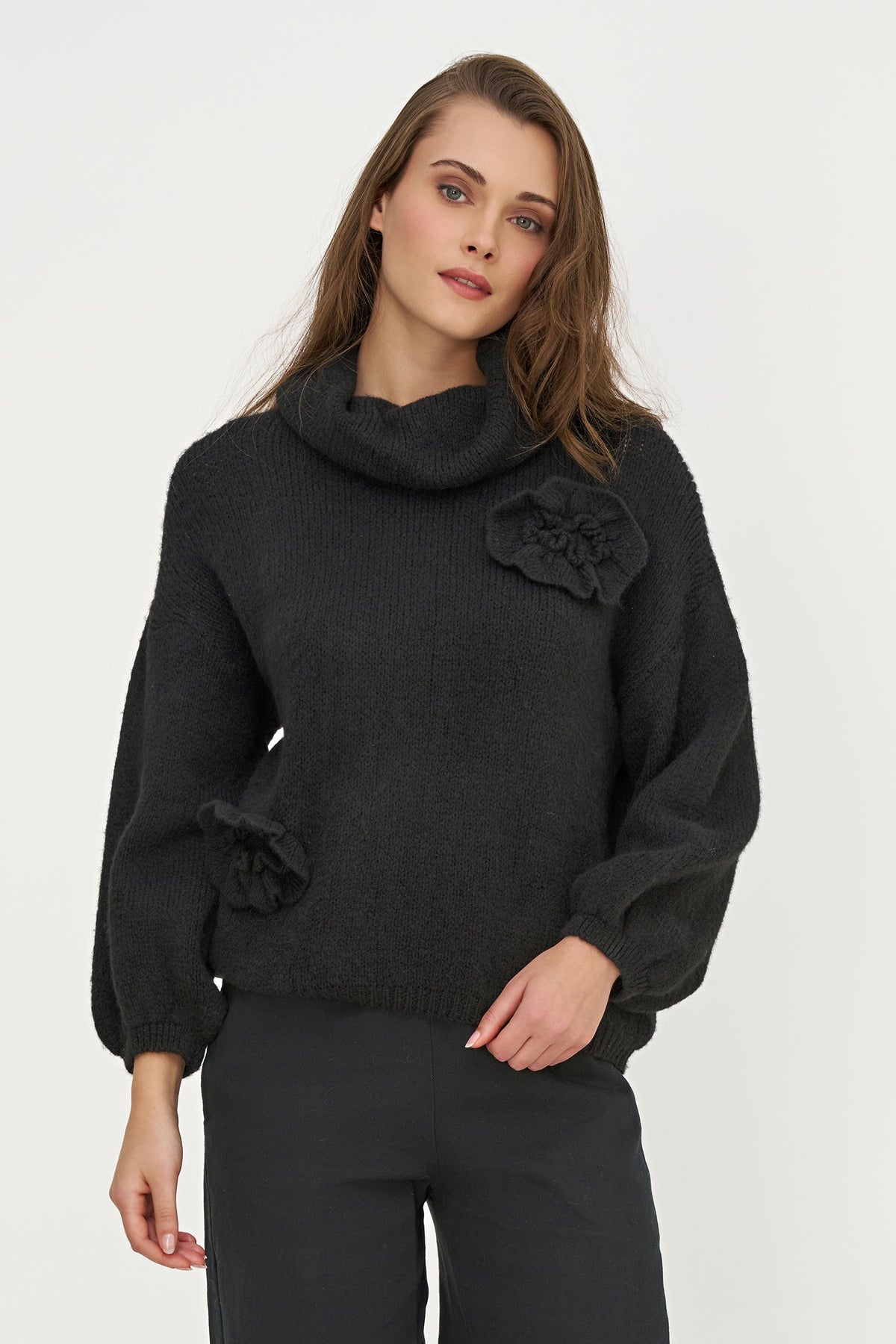 Women's Cowl Turtleneck Sweater, Long Sleeves & Flower Details