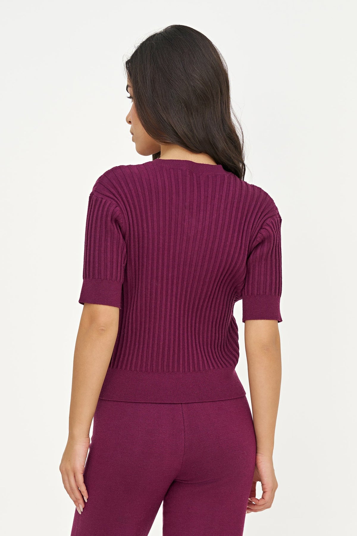 Women's Rib-Knit V-Neck Sweater with Elbow-Length Sleeves