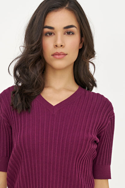 Women's Rib-Knit V-Neck Sweater with Elbow-Length Sleeves