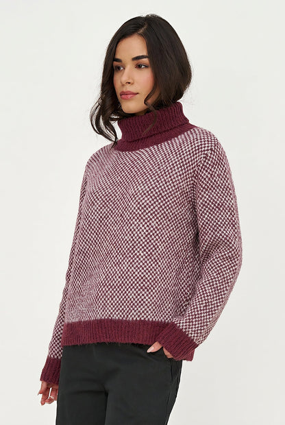 Women's Novelty Knit Color-Block Turtleneck Sweater with Long Sleeves