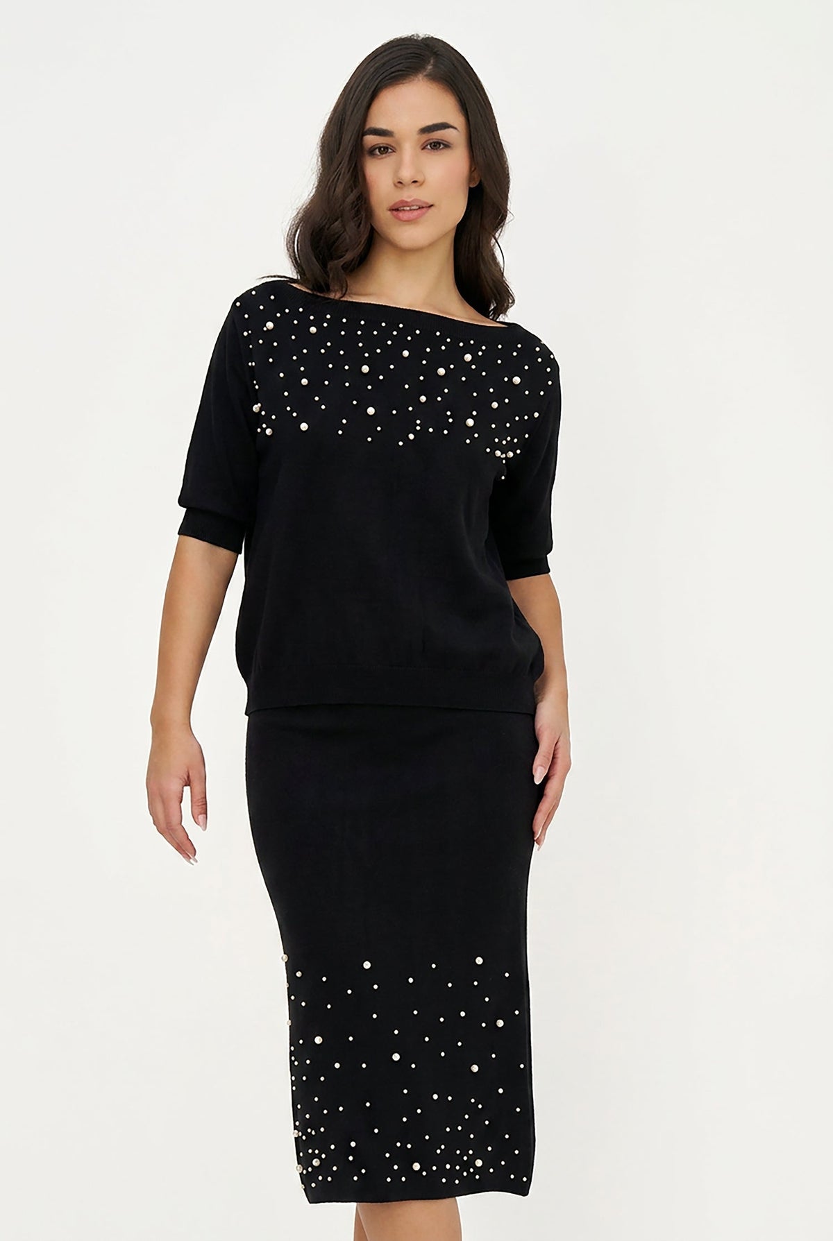 Women's Boat-Neck Sweater, Elbow-Length Sleeves & Pearl Details