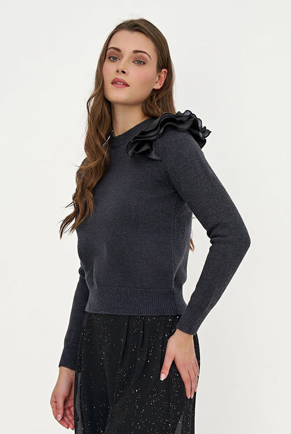 Women's Knit Crew-Neck Sweater, Long Sleeves & Organza Shoulder Ruffle