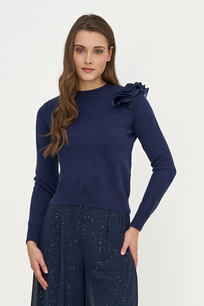 Women's Knit Crew-Neck Sweater, Long Sleeves & Organza Shoulder Ruffle