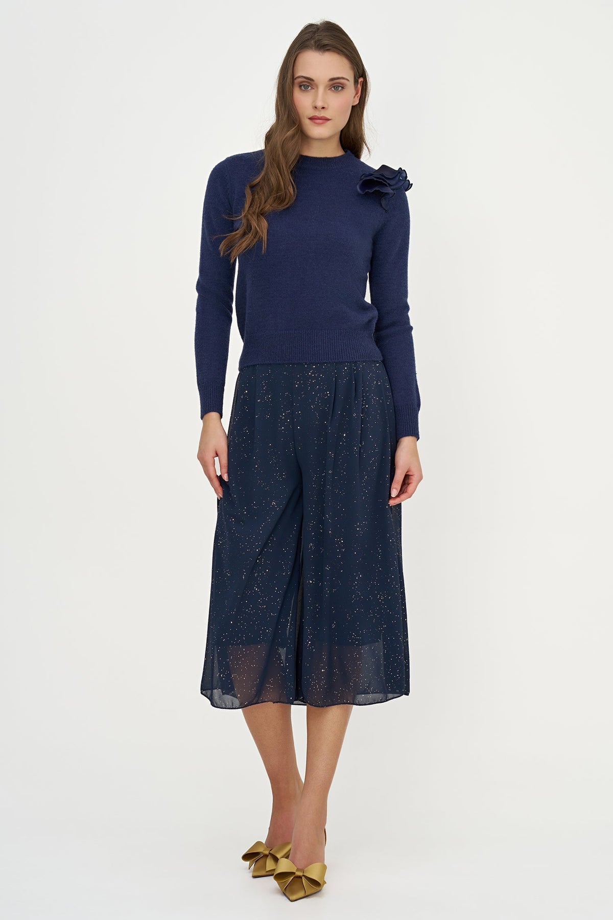 Women's Knit Crew-Neck Sweater, Long Sleeves & Organza Shoulder Ruffle