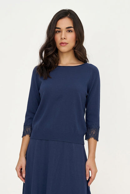 Women's Fine Knit Crew-Neck Sweater, 3/4 Raglan Sleeves & Lace Cuffs