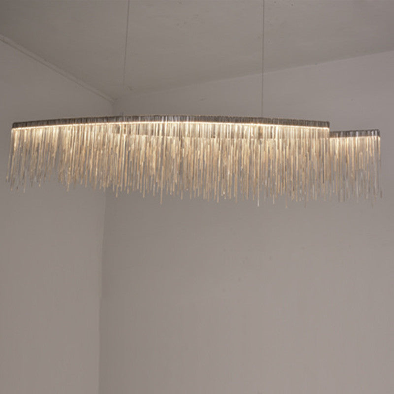 Personalized Minimalist Chandelier – Modern Silver Aluminum Pendant Light with Tassel Design for Dining & Living Room